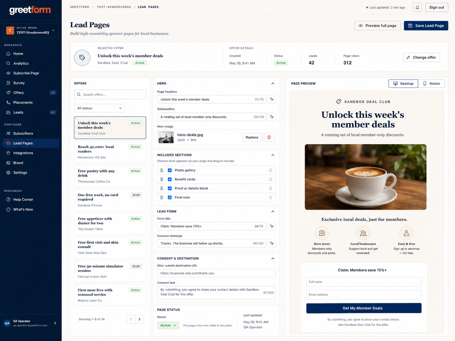 Greetform subscribe page